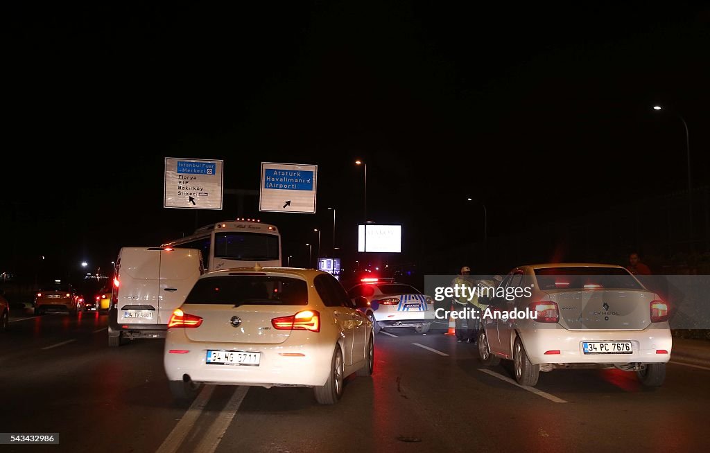 ISTANBUL, TURKEY - JUNE 28: Police blocks the entrance of the Ataturk International Airport after an explosion, in Istanbul, Turkey on June 28, 2016. Unspecified number of injured in explosion at Istanbul's Ataturk International Airport. (Photo by Veli Gurgah/Anadolu Agency/Getty Images)