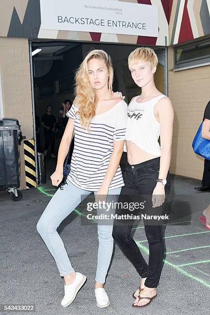 Elena Carriere and Kim Hnizdo attend the Riani show during the Mercedes-Benz Fashion Week Berlin Spring/Summer 2017 at Erika Hess Eisstadion on June...