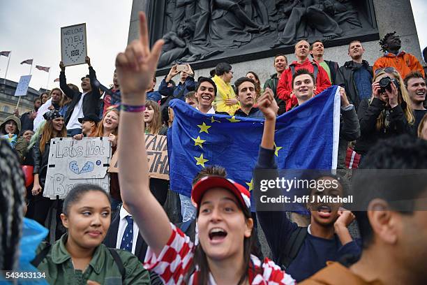 Protesters gather to demostrate against the EU referendum result in Trafalgar Square on June 28, 2016 in London, England. Up to 50,000 people were...