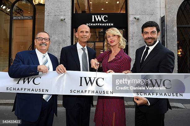Hannes Pantli board IWC member, Beppe Ambrosini Brand Manager IWC Italia, Alessia Marcuzzi and Pierfrancesco Favino attend IWC Boutique Opening Event...