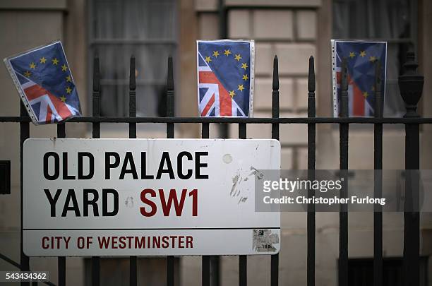 Protesters place placards in front of the Houses of Parliament as they demonstrate against the EU referendum result on June 28, 2016 in London,...