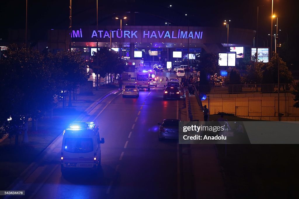 ISTANBUL, TURKEY - JUNE 28: Police blocks the entrance of the Ataturk International Airport after an explosion, in Istanbul, Turkey on June 28, 2016. Unspecified number of injured in explosion at Istanbul's Ataturk International Airport. (Photo by Veli Gurgah/Anadolu Agency/Getty Images)