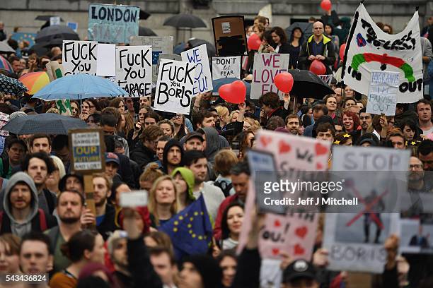 Protesters gather against the EU referendum result in Trafalgar Square on June 28, 2016 in London, England. Up to 50,000 people were expected before...