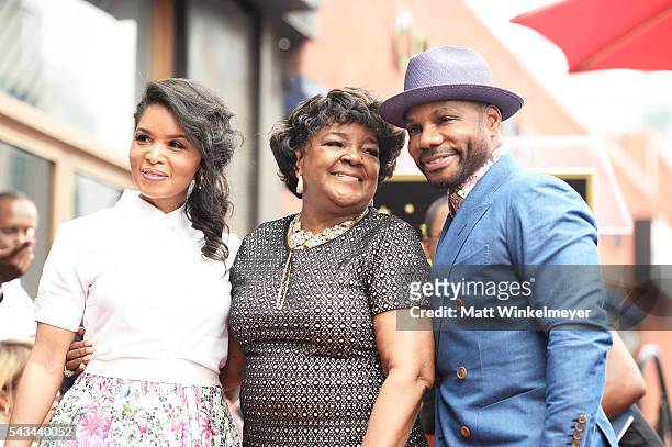 Tammy Collins, recording artists Shirley Caesar, and Kirk Franklin attend a ceremony honoring Shirley Caesar with a Star on The Hollywood Walk of...