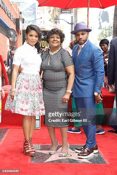 Tammy Collins, Gospel Recording Artist Shirley Caesar and Gospel Singer Kirk Franklin pose as Shirley Caesar is honored with a Star On The Hollywood...