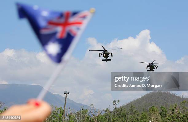 Helicopter to bringing Prince William to Cardwell, Queensland, Australia after their area was hit by Cyclone Yasi in February 2011 on March 19, 2011...