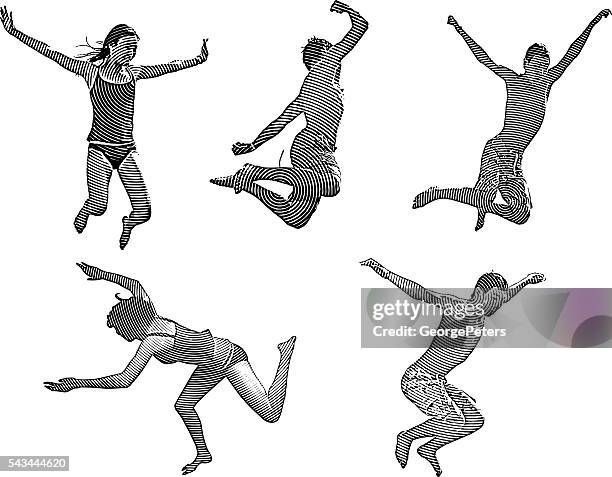happy asian kids jumping - canon ball engraving stock illustrations