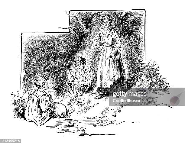 antique children's book comic illustration: woman with children - family fighting cartoon stock illustrations