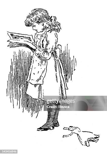 antique children's book comic illustration: girl reading book - girl reading stock illustrations