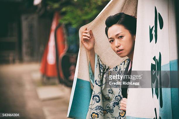 japanese woman in edo period town - noren stock pictures, royalty-free photos & images