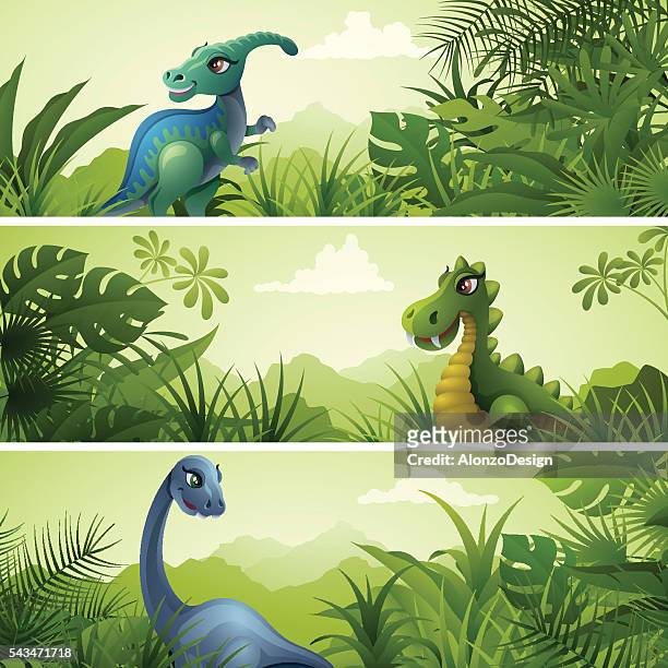 stockillustraties, clipart, cartoons en iconen met cartoon jurassic banners - hadrosaurid