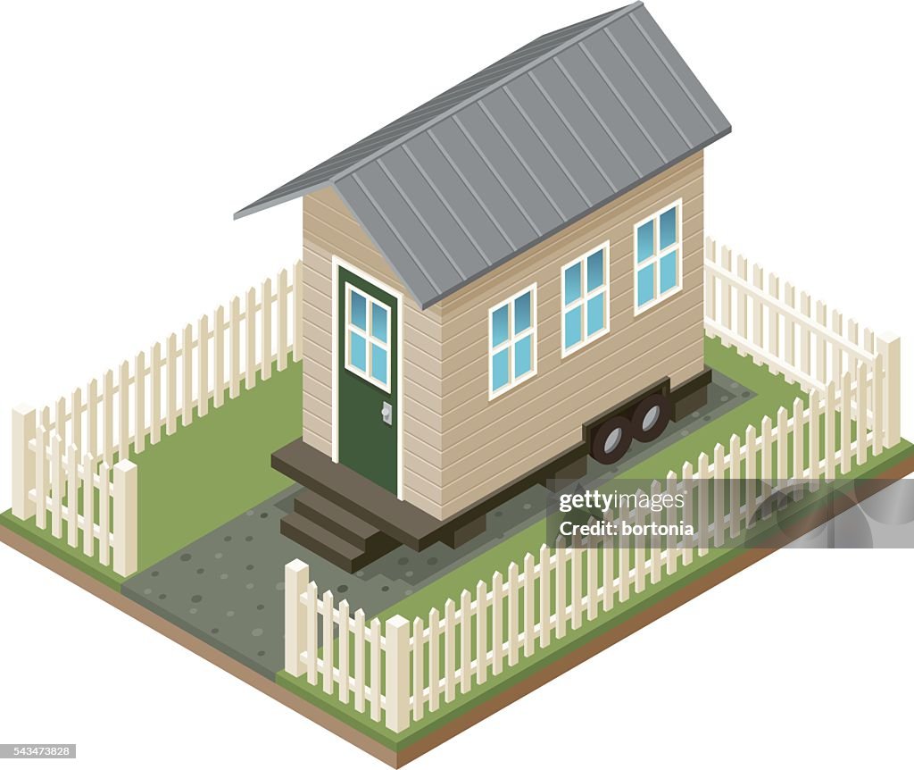 Tiny House Isometric Icon With Yard and Picket Fence