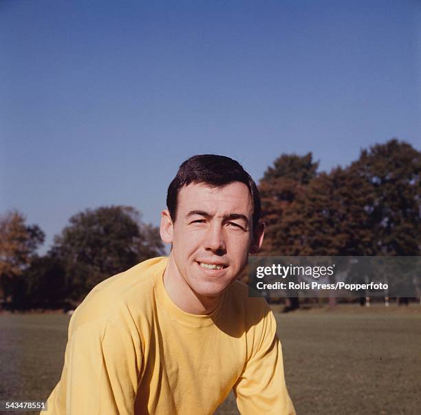 English professional footballer and goalkeeper with Leicester City, Gordon Banks pictured during a training session for the English national team in...