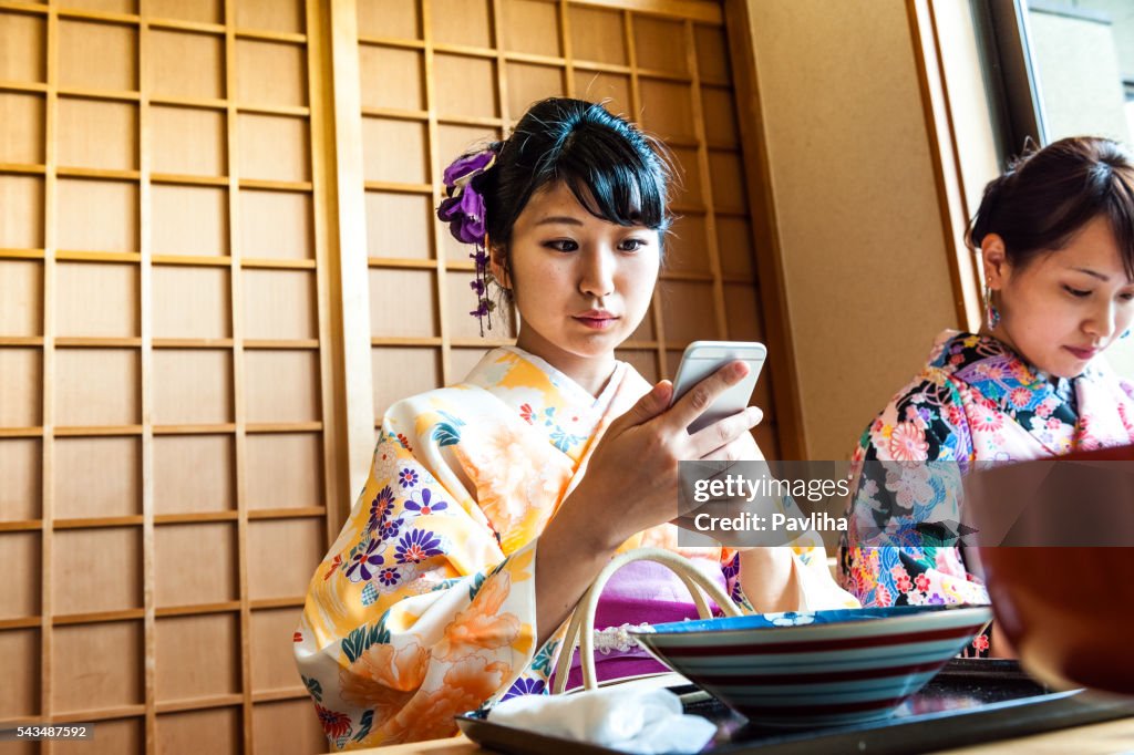 Beautiful Japanese Women in Kimono Taking Selfie, Kyoto, Japan