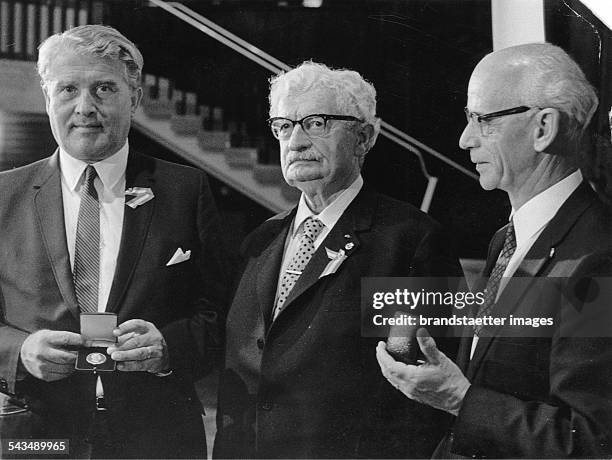 Wernher von Braun ; Ernst Stuhlinger und Hermann Oberth were awarded with the Hermann Oberth-Medal. Salzburg Congress Center. Photograph. June 26th...