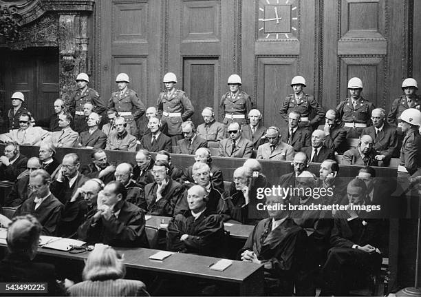 Nuremberg Trials. First row- Hermann Göring; Rudolf Hess; Joachim von Ribbentrop; Wilhelm Keitel; Ernst Kaltenbrunner; Alfred Rosenberg; Wilhelm...