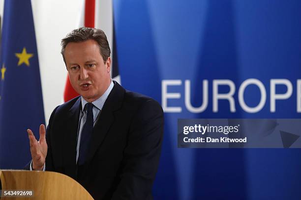 British Prime Minister David Cameron delivers his final press briefing before leaving his last European Council Meeting at the Council of the...