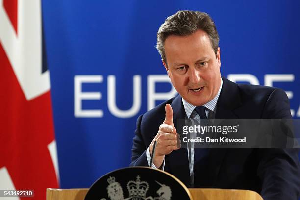 British Prime Minister David Cameron delivers his final press briefing before leaving his last European Council Meeting at the Council of the...