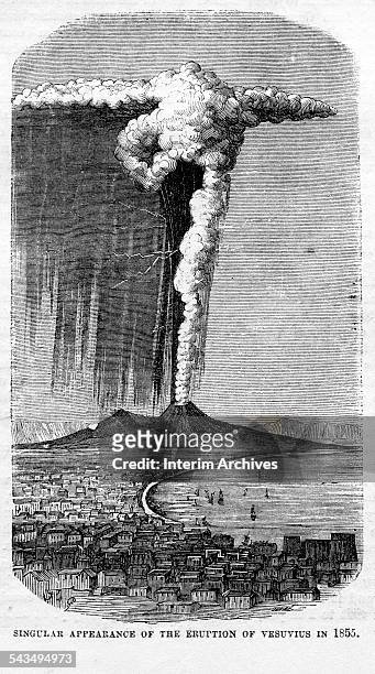Towering cloud of ash bursts out of Mt Vesuvius during its eruption, Italy, 1855. Illustration dates from 1877.