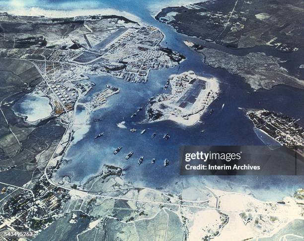 Aerial view of Pearl Harbor naval base looking southwest, Honolulu, Oahu, Hawaii, October 30, 1941. Ford Island is in the center, with the navy yard...