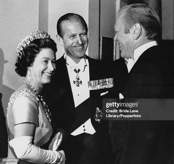 Queen Elizabeth II and Prince Philip, Duke of Edinburgh on a State Visit to the US welcome President of the United States, Gerald Ford , on his...