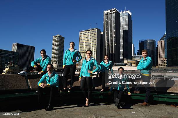 Kevin Chavez, Domonic Bedggood, Annabelle Smith, Melissa Wu, Brittany Broben, Esther Qin and Grant Nel of the Australian Olympic Diving team pose...