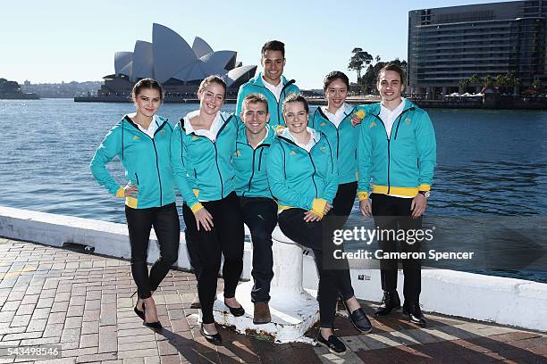 Melissa Wu, Brittany Broben, Grant Nel, Kevin Chavez, Annabelle Smith, Esther Qin and Domonic Bedggood of the Australian Olympic Diving team pose...