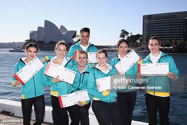 Melissa Wu, Brittany Broben, Grant Nel, Kevin Chavez, Annabelle Smith, Esther Qin and Domonic Bedggood of the Australian Olympic Diving team pose...