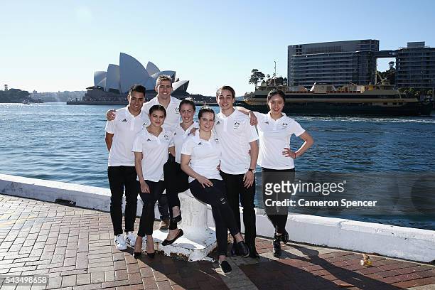 Kevin Chavez, Melissa Wu, Grant Nel, Brittany Broben, Annabelle Smith, Domonic Bedggood and Esther Qin of the Australian Olympic Diving team pose...