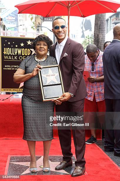 Gospel Recording Artist Shirley Caesar and Author/Film Producer DeVon Franklin pose for a photo as Shirley Caesar is honored with a Star On The...