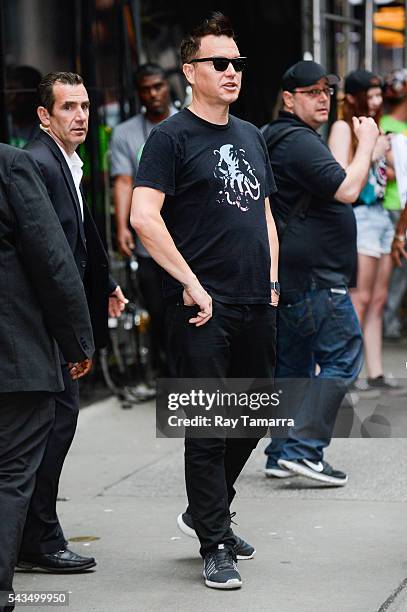 Musician Mark Hoppus leaves the "Good Morning America" taping at the ABC Times Square Studios on June 28, 2016 in New York City.