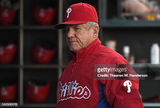 Manager Larry Bowa of the Philadelphia Phillies looks on from the dugout prior to the game against the San Francisco Giants at AT&T Park on June 25,...
