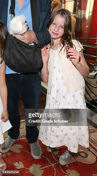Milla Jovovich daughter Ever Gabo Anderson and dog during the after party of the Marc Cain fashion show spring/summer 2017 at China Club on June 28,...