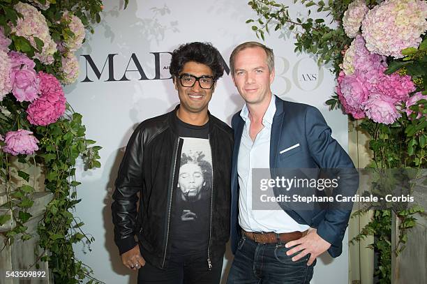 Hosts Sebastien Folin and Julien Arnaud attend the 'Air France Madame' 30th Anniversary at Le Ritz Hotel, on June 28, 2016 in Paris, France.