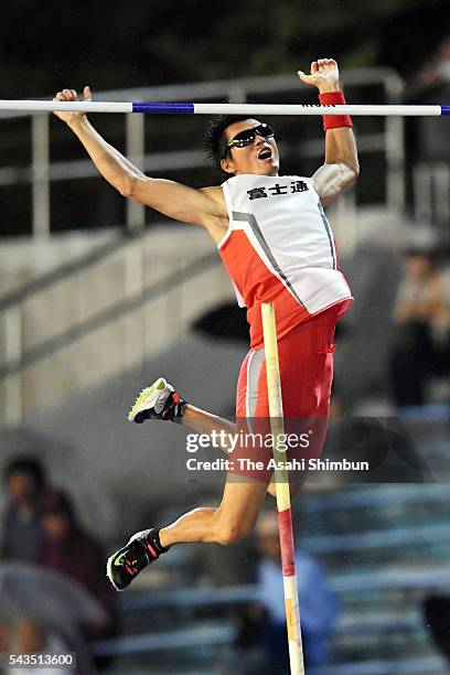 Daichi Sawano competes in the Men's Pole Vault during day one of the 100th Japan National Athletic Championships at the Paroma Mizuho Stadium on June...