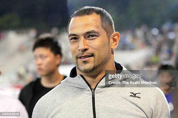 Koji Murofushi reacts after the Men's Hammer Throw qualification during day one of the 100th Japan National Athletic Championships at the Paroma...