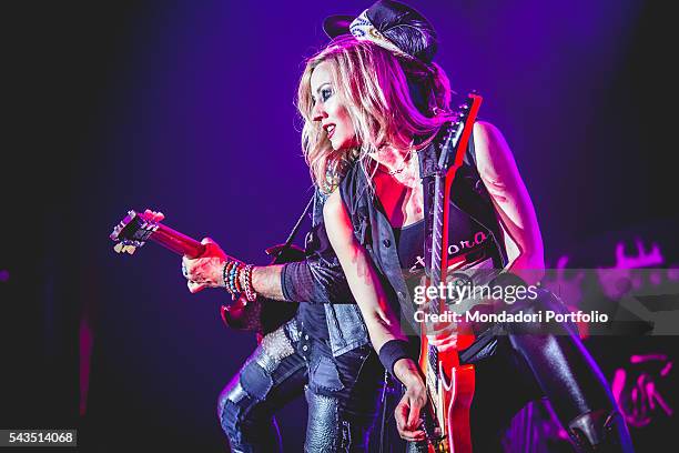 Guitarist Nita Strauss accompanying the singer Alice Cooper during a concert at the Alcatraz. Milan, Italy. 14th June 2016