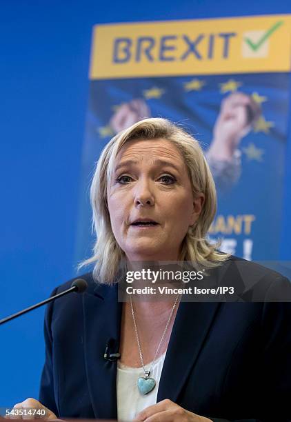 French President of Front National Marine Le Pen speaks during the press conference at the National Front political party headquarters concerning...