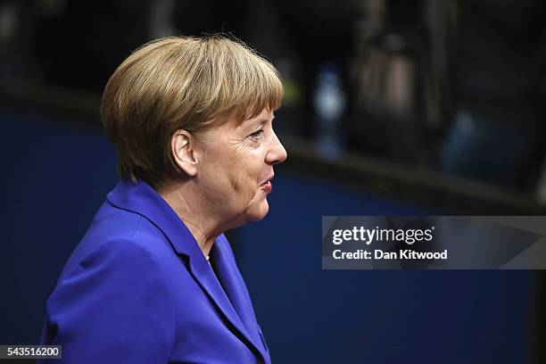 German Chancellor Angela Merkel attends a second day of European Council meetings at the Council of the European Union building on June 29, 2016 in...