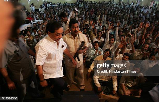 Former Chief Minister and Opposition Leader Narayan Rane arriving for BEST Union Meeting at Municipal High School, Lower Parel after he announced his...