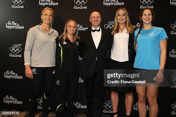 New Zealand Olympic athletes Caitlin Ryan, Kayak, Anita McLaren, Hockey, Liz Thompson, Hockey, and Eliza McCartney, Pole Vault with Prime Minister...