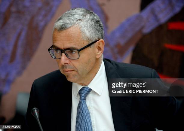 Telecom Company Altice N.V group CEO and CEO of SFR Michel Combes attends his hearing by the Economic Affairs Committee of the French National...