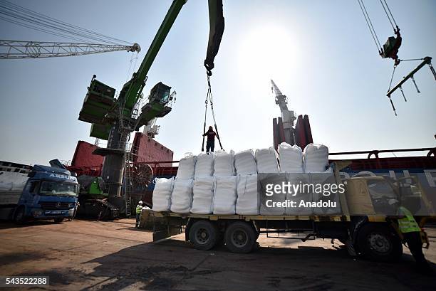 Humanitarian aid is loaded onto the cargo ship 'Lady Leyla', which is to transport humanitarian aid from Turkey to Gaza as part of the agreement...