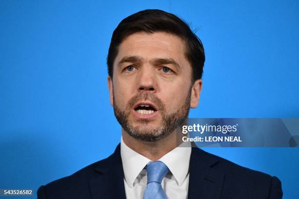 British Work and Pensions Secretary and Conservative MP, Stephen Crabb, speaks during a news conference in central London on June 29 where he...