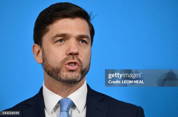 British Work and Pensions Secretary and Conservative MP, Stephen Crabb, speaks during a news conference in central London on June 29 where he...