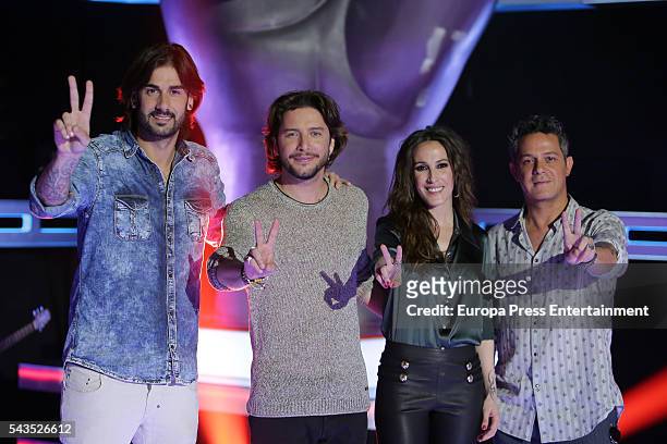 Melendi, Manu Carrasco, Malu and Alejandro Sanz pose during a photocall to present 'La Voz' on June 27, 2016 in Madrid, Spain.