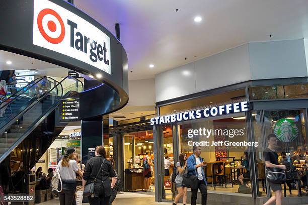 Australia, Queensland, Brisbane Central Business District, Myer center mall shopping Elizabeth Street Target Starbucks Coffee woman man.