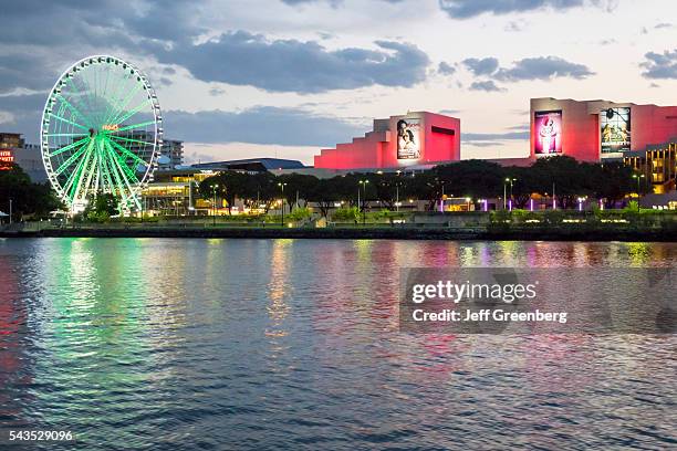 Australia, Queensland, Brisbane, Southbank The Brisbane Wheel Ferris Brisbane River Queensland Performing Arts Center dusk night.