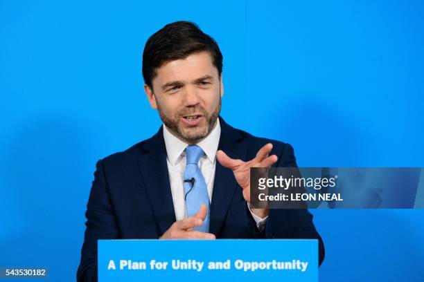 British Work and Pensions Secretary and Conservative MP, Stephen Crabb, speaks at a news conference in central London on June 29 where he announced...