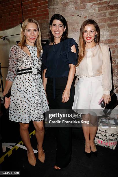 Julia Dietze, designer Dorothee Schumacher and Mina Tander attend the Dorothee Schumacher show during the Mercedes-Benz Fashion Week Berlin...